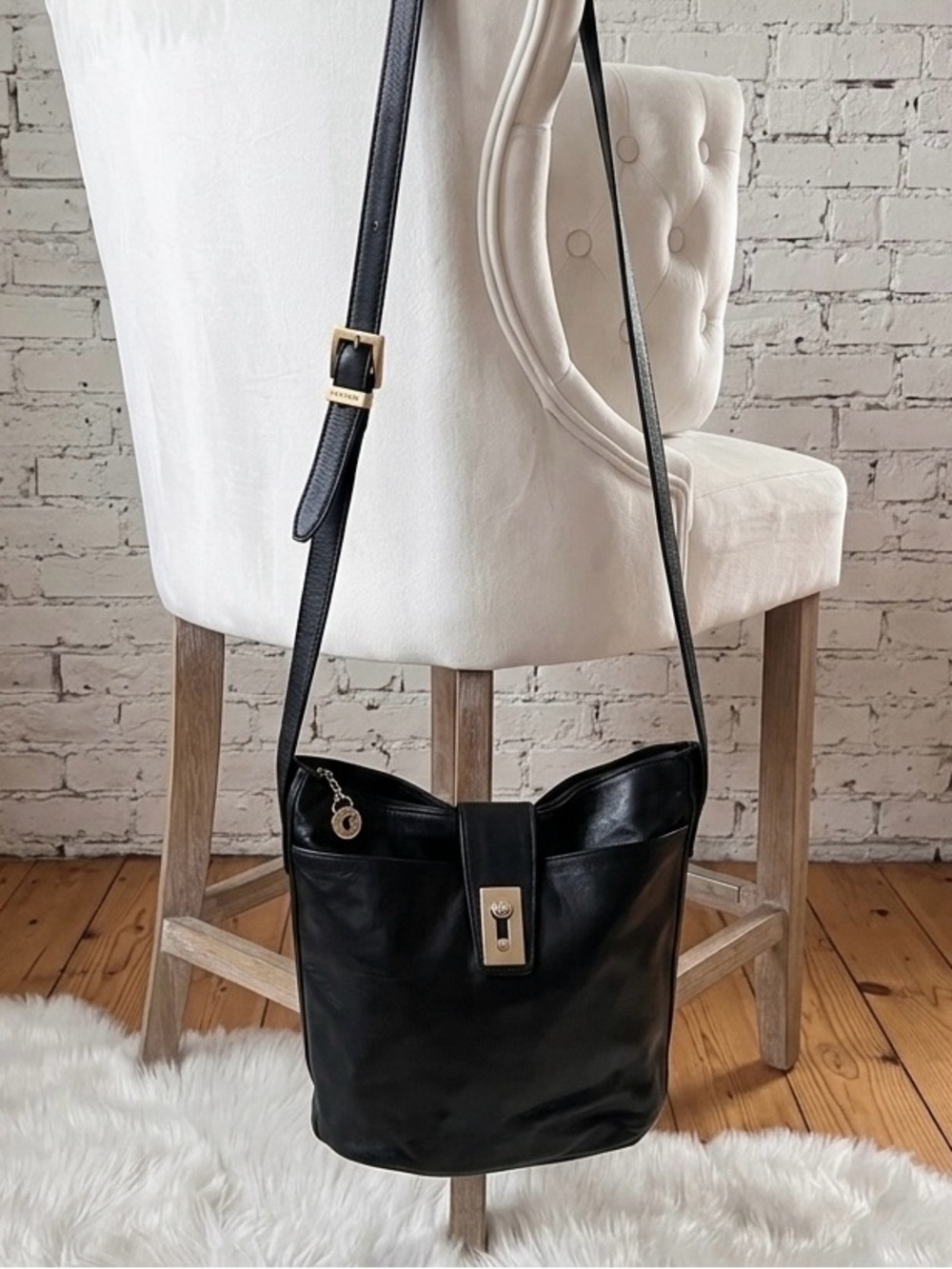 Perlina Black Leather Shoulder Bag with Gold Hardware